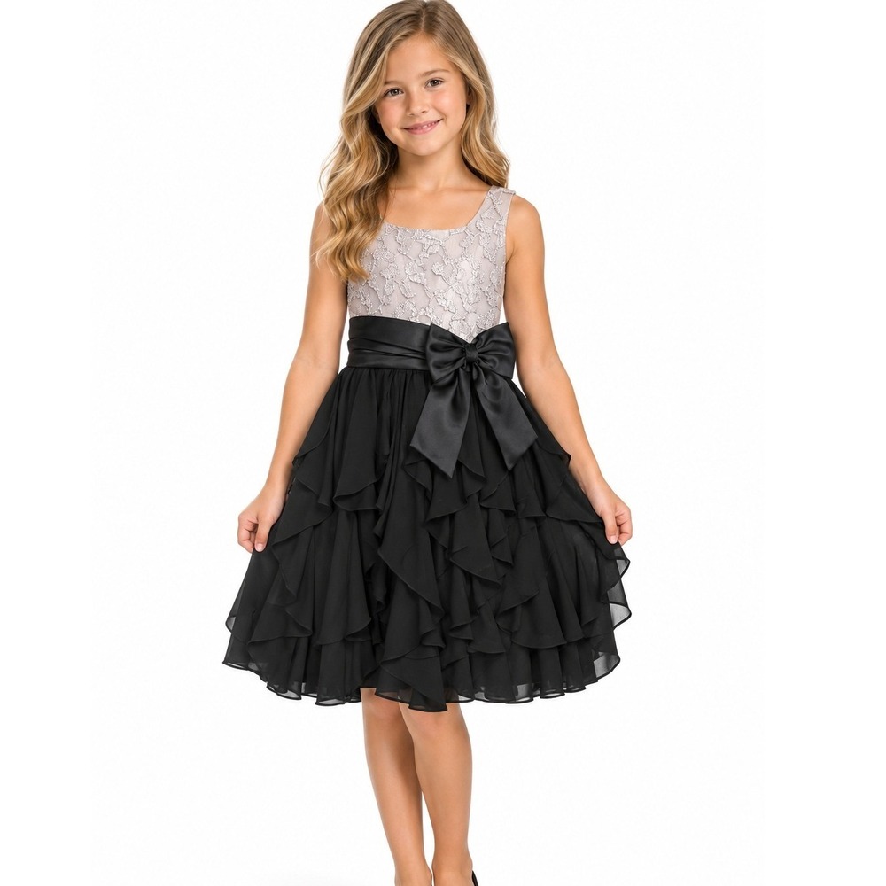 Rare Editions Girls' Silver Lace Black Ruffle Party Formal Dress with Bow Sz 12